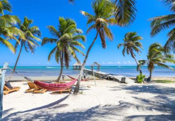 Praia paradisíaca com palmeiras e céu azul. O seguro viagem Belize é essencial para conhecer o país