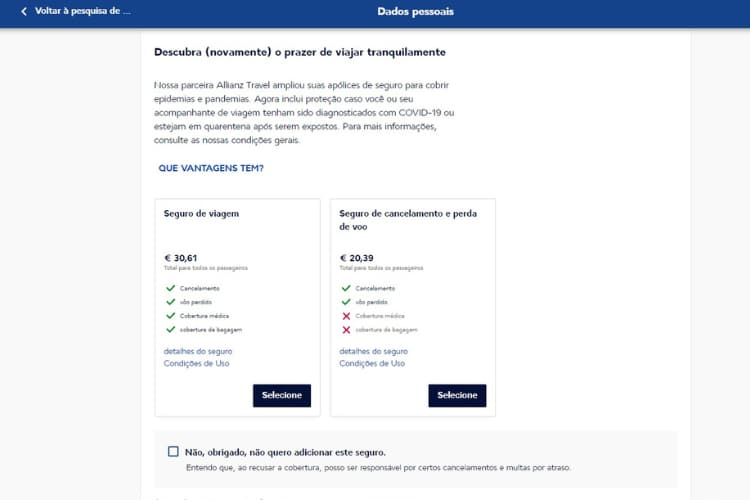 Cotação do seguro viagem Air France