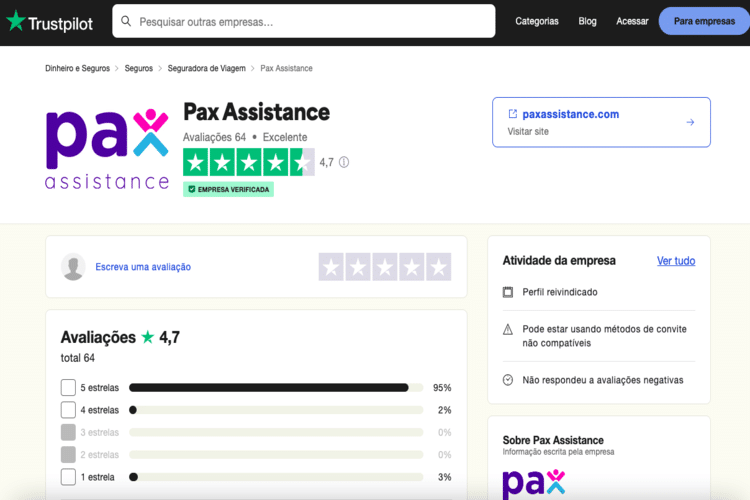 Perfil da Pax Assistance no Trustpilot