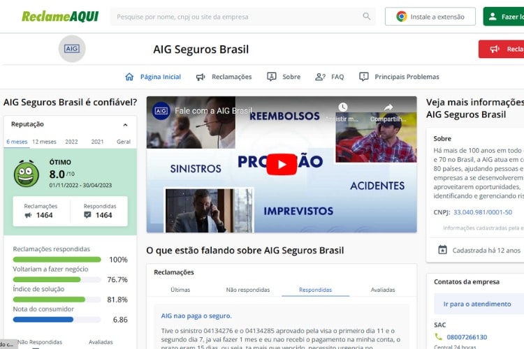 Captura de tela do perfil da AIG Seguros, seguradora do Visa Platinum, no Reclame Aqui