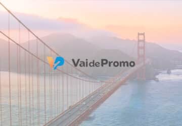 Ponte Golden Gate, em primeiro plano, logo Vai de Promo