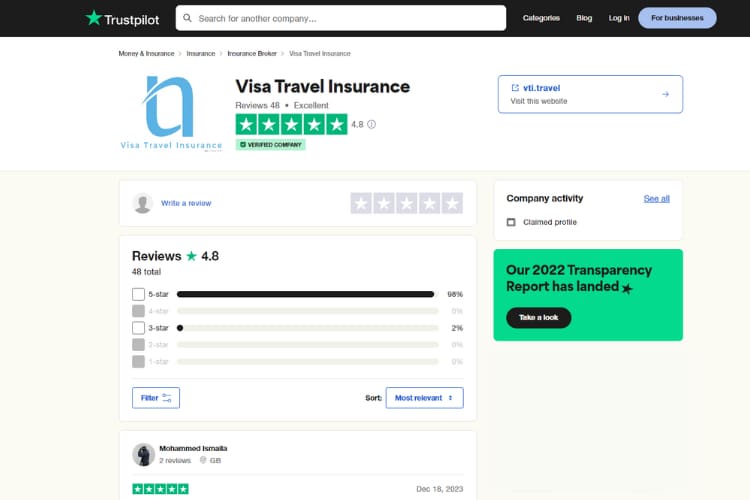 Avaliação da Visa Travel Insurance no Trustpilot