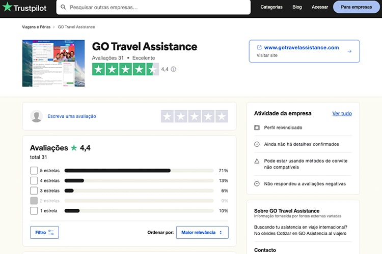 Avaliação da Go Travel Assistance no Trustpilot