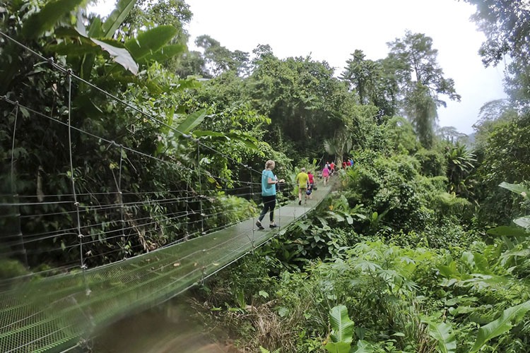 Mulher branca atravessando ponte suspensa na Costa Rica