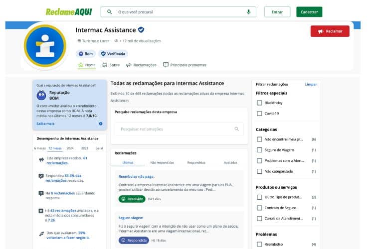 Captura de tela do perfil da Intermac Assistance no Reclame Aqui